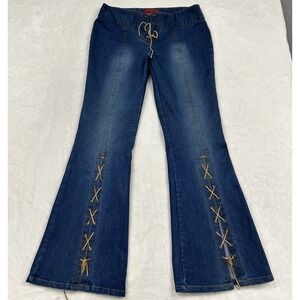 Too Hot Flare Jeans Womens 8 Blue Lace Up Front Leg Y2K Denim Low Rise